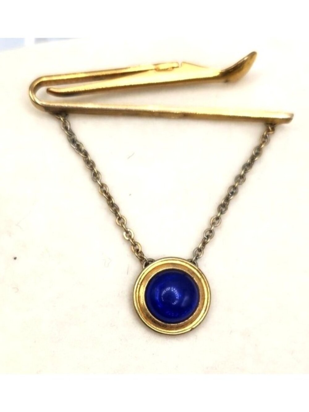 Gold Tone Tie Pin With Round Cobalt Blue Stone